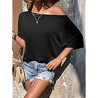 Women's T-Shirt Solid Asymmetrical Neck Batwing Sleeve Tee T-Shirt for Women (Color : Black, Size : Large)