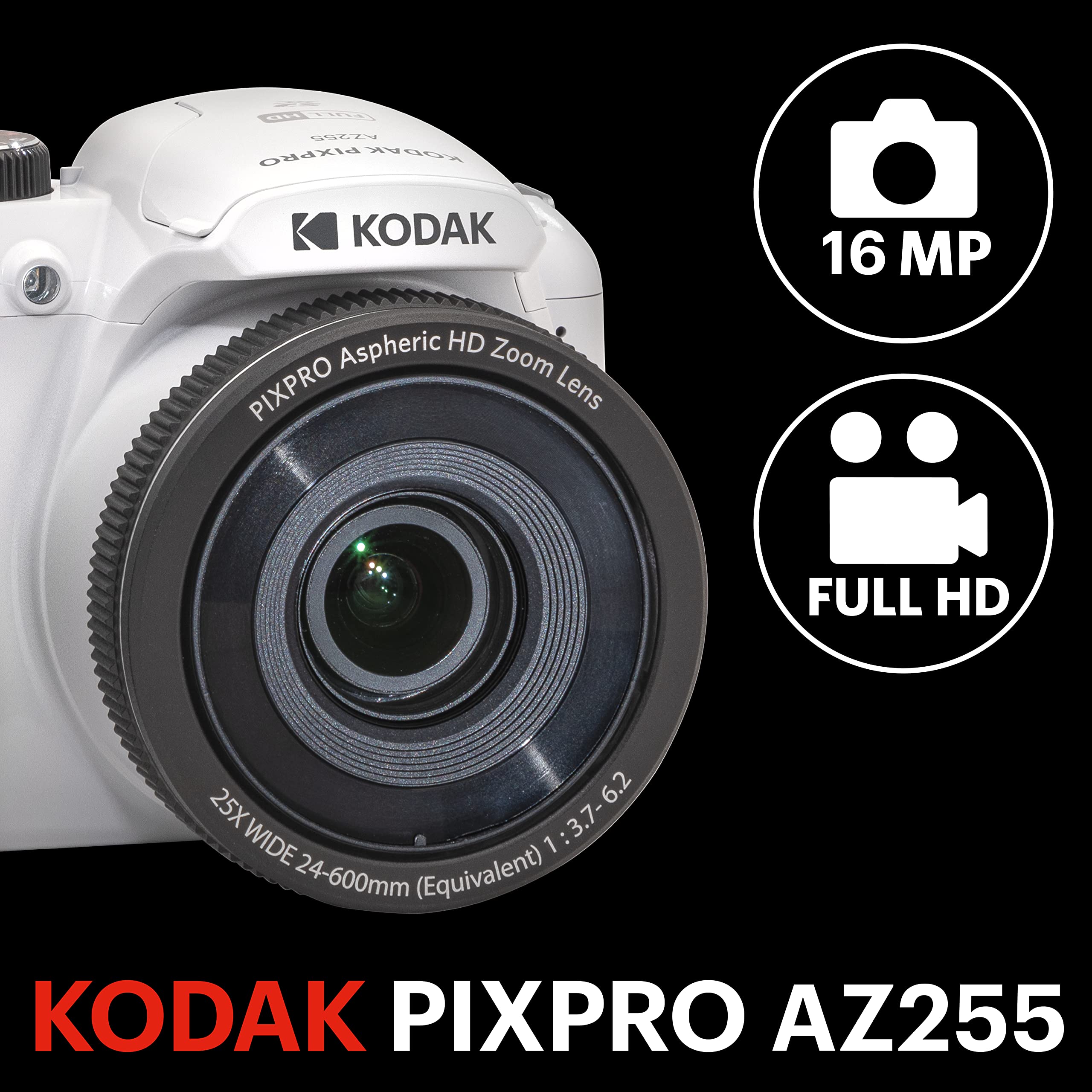 KODAK PIXPRO AZ255-WH 16MP Digital Camera 25X Optical Zoom 24mm Wide Angle Lens Optical Image Stabilization 1080P Full HD Video 3