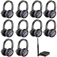 Professional Rechargeable RF Silent Disco Wireless Headphones for Parties Events Weddings Movies Clubbing up to 1600 Feet Distance (10 Headphones and 1 Transmitter)