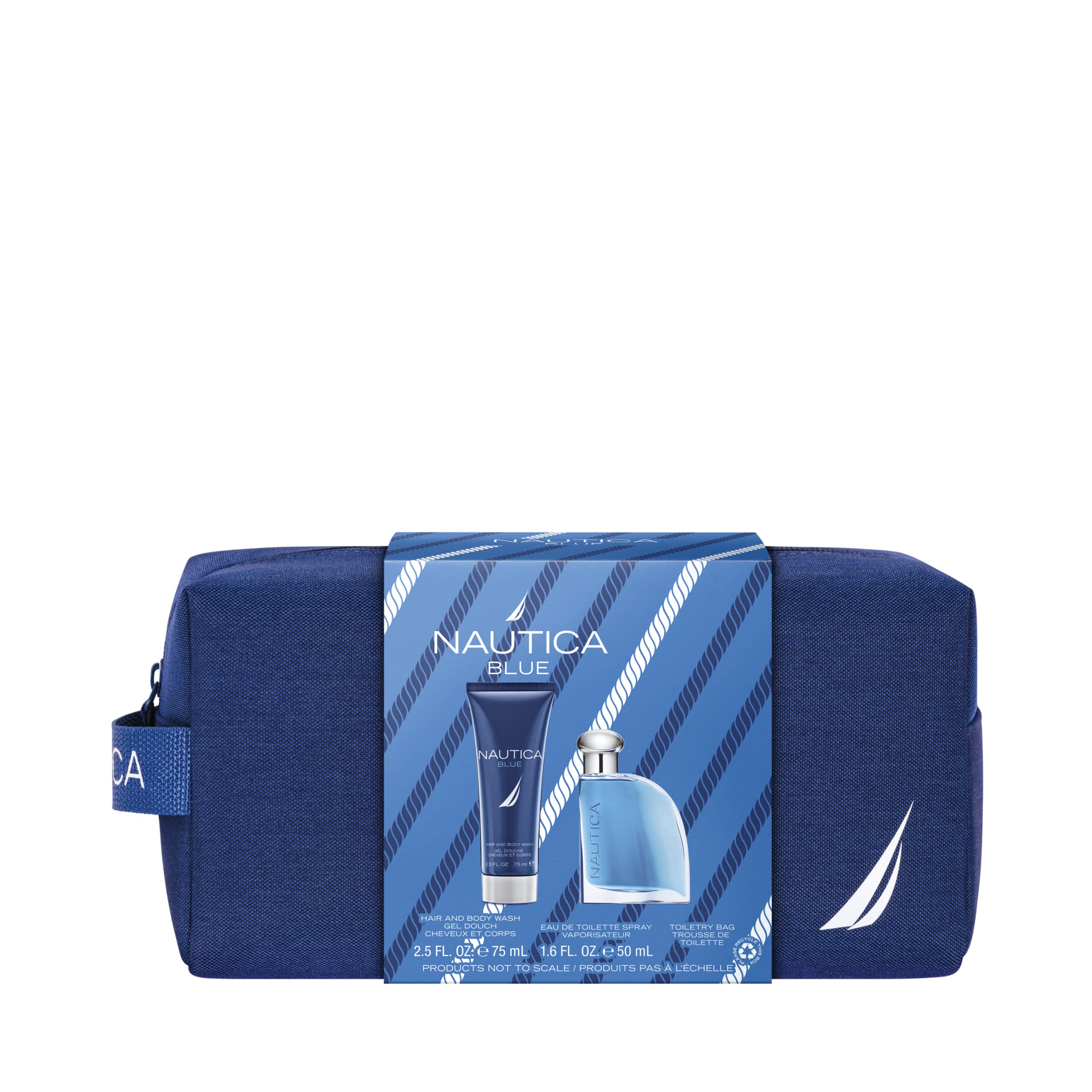 Nautica Blue 3 piece Gift Set for Men - 1.6 oz Eau De Toilette Spray + 2.5 oz Hair and Body Wash + Toiletry Bag
