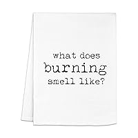 Funny Dish Towel, What Does Burning Smell Like? Flour Sack Kitchen Towel, Sweet Housewarming Gift, Farmhouse Kitchen Decor, White or Gray (White)