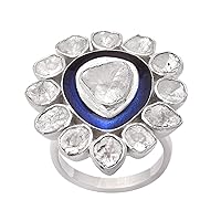 1.75 CTW Natural Diamond Polki Blue Enamel Cockatil Ring 925 Sterling Silver Platinum Plated Slice Diamond Jewelry
