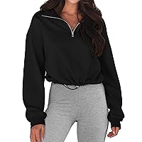 MEROKEETY Women's Quarter Zip Crop Sweatshirt Long Sleeve Stand Collar Drawstring Casual Pullover Top