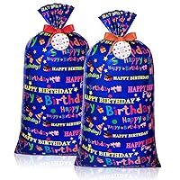 2 Pcs 70 x 40 Inch Jumbo Gift Bags, Extra Large Plastic Present Bag, Giant Gift Wrapping Bags with 2 Cord Tie and 2 Gift Tags for Baby Shower Birthday Christmas Holiday Party Supplies (Birthday Style)
