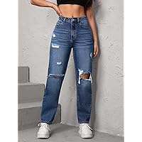 Jeans for Women- Ripped Straight Leg Jeans (Color : Dark Wash, Size : W32 L32)