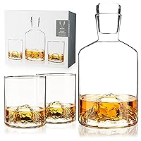 Viski Mountain Decanter and Tumbler Set, Percect for Scotch and Bourbon, Hand-Blown Whiskey Gifts for Men, Set of 3, 24oz Decanter, 9oz Tumblers