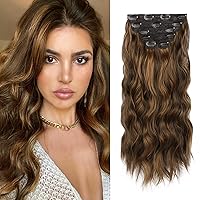 WECAN Clip in Hair Extension 20 Inch Dark Brown Mix Chestnut Brown 6PCS Natural Long Wavy Curly Hairpieces for Women Thick Synthetic Fiber Double Weft Hair Full Head