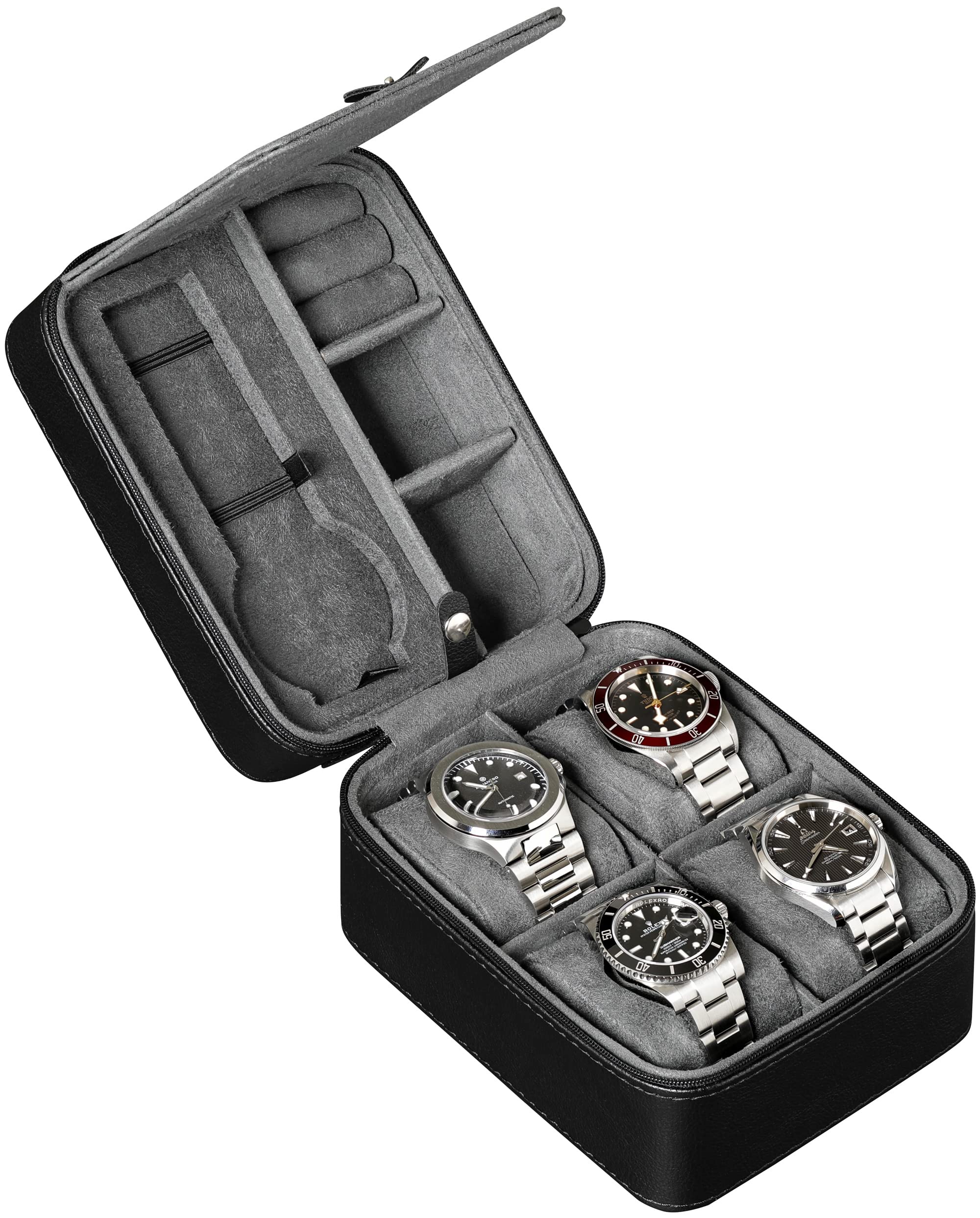 Gift Set 10 Slot Leather Watch Box with Valet Drawer & Matching 5 Watch Travel Case - Luxury Watch Case Display Organizer, Locking Mens Jewelry Watches Holder, Men's Storage Boxes Glass Top Black/Grey