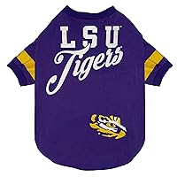 NCAA LSU Tigers T-Shirt for Dogs & Cats, Large. Football/Basketball Dog Shirt for College NCAA Team Fans. New & Updated Fashionable Stripe Design, Durable & Cute Sports PET TEE Shirt Outfit