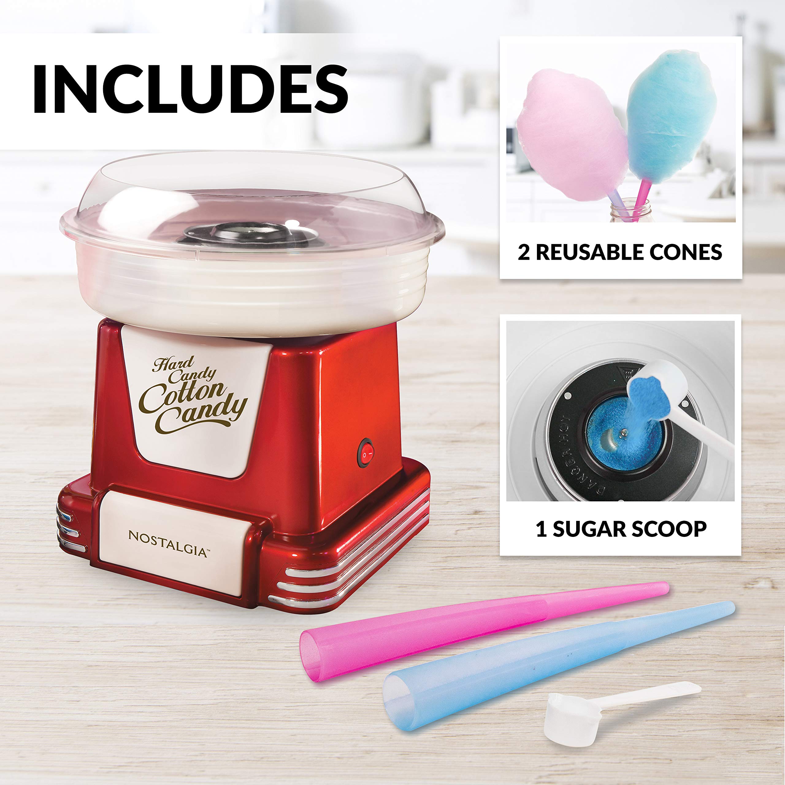 Nostalgia Retro Countertop Cotton Candy Maker, Vintage Candy Machine for Hard Candy & Flossing Sugar, Includes 2 reusable cones, 1 sugar scoop, and 1 Extractor head, Retro Red