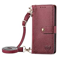 Wallet Case Compatible with Oppo A15, RFID Blocking Zipper Pocket Purse Love PU Leather Kickstand Wrist Phone Case with Adjustable Crossbody Lanyard (Red)