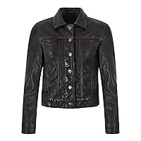 Women's Trucker Classic Black WAX Leather Jacket Western Style Denim Look Jacket 6771