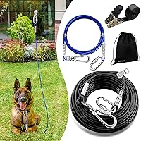 Dog Runner for Yard, Dog Trolley Cable System Aerial Run Zip Line for Large Dogs, 100ft/ 50ft Heavy Dog Tie Out Cable with 10/15/25 ft Pet Leads Zipline for Camping Gear (100ft+25ft)