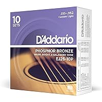 D'Addario Guitar Strings - Phosphor Bronze Acoustic Guitar Strings - EJ26-10P - Rich, Full Tonal Spectrum - For 6 String Guitars - 11-52 Custom Light, 10-Pack