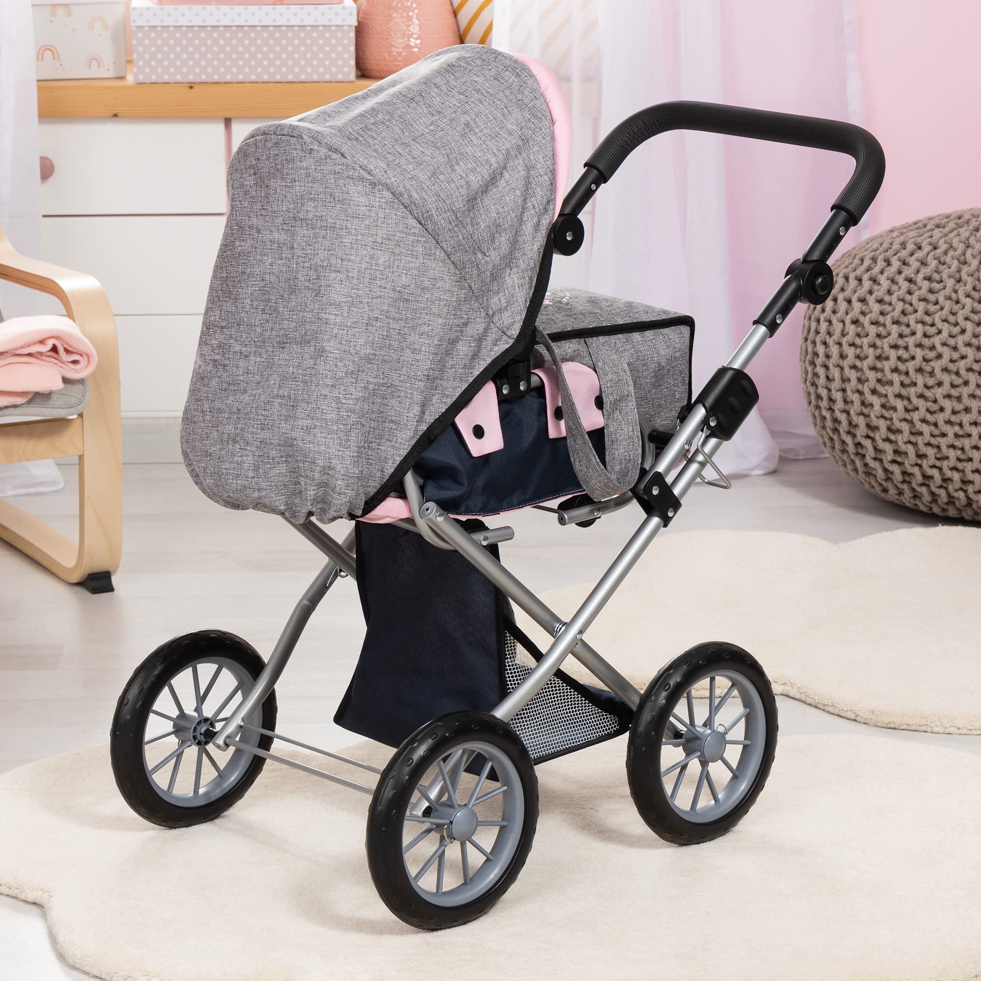 Bayer Design Dolls: Pram City Star - Grey, Pink, Butterfly - Matching Handbag, Convertible to A Pushchair, Adjustable Handle, Foldable, Integrated Basket, Ages 3+