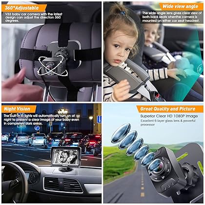 DoHonest Baby Car Camera HD 1080P: 360° Rotating Eye Protection Plug and Play Easy Install Rear Facing Baby Car Mirror Crystal Night Vision Infant Backseat Camera with Monitor for 2 Kids -V33