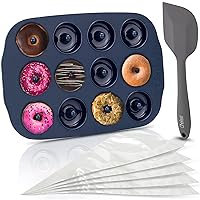 Silicone Donut Pan Kit - 12 Hole Non-Stick Doughnut Molds, 5 Pastry Bags, and Spatula - Freezer, Oven, and Dishwasher-Safe, Reusable Mold Tray For 9 Full-Size Donuts and Bagels