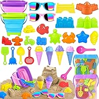 Beach Toys for Kids Ages 4-8, 33Pcs Sand Toys Set, Sandbox Toys with Kids Sunglasses, Collapsible Bucket Shovel, Mesh Bag, Sand Castle Toys for Beach, Travel Toys for Toddlers Boys Girls