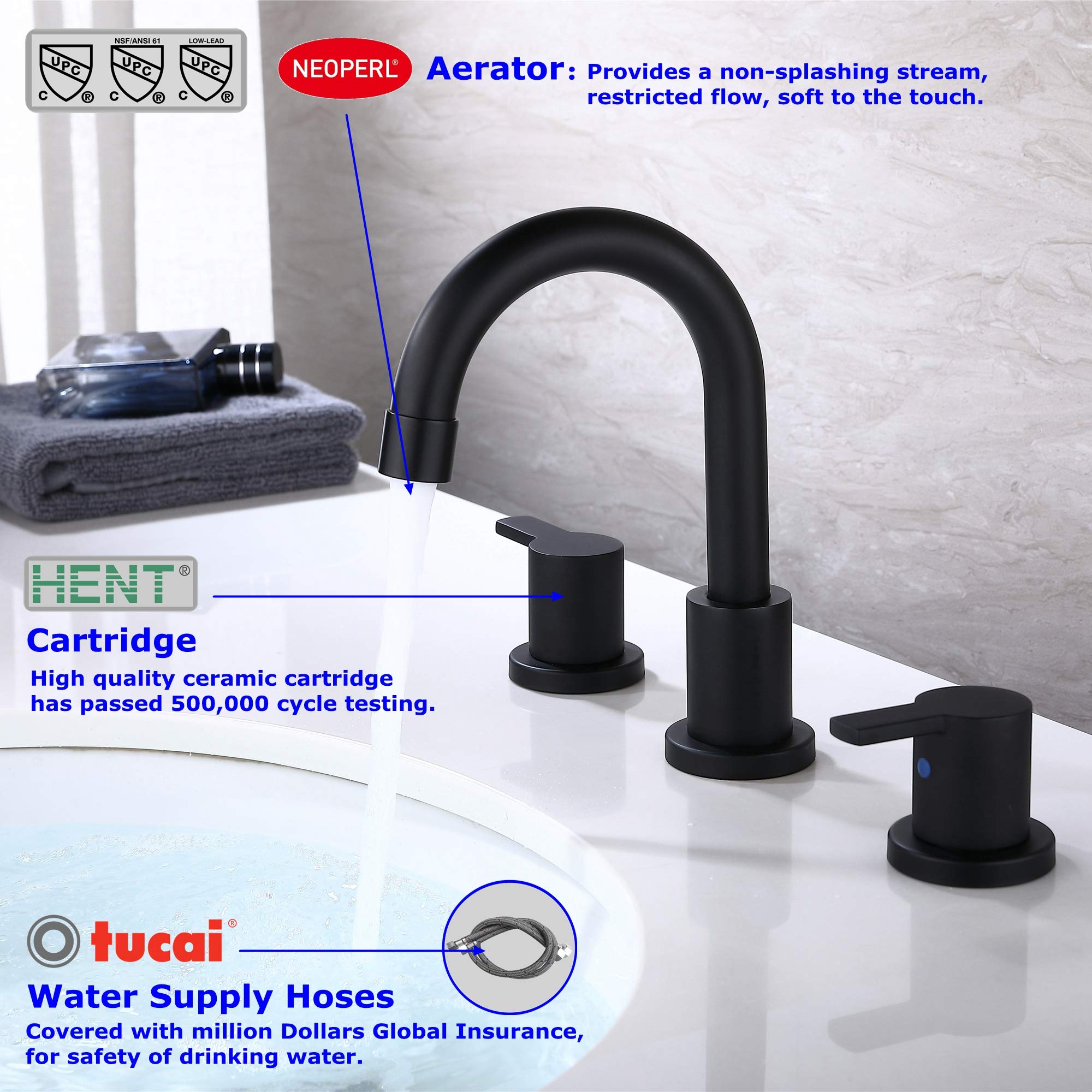 RKF Two Handle Widespread Bathroom Sink Faucet with Pop-up Drain with overflow and CUPC Faucet Supply Hoses,Matte Black,WF015-9-MB