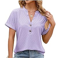 Womens Tshirts V Neck Short Sleeve Buttons Tops Tee Solid Color Blouse Loose Fit Tunic Top Summer Casual Shirts