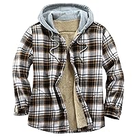 Derbars Men's Cotton Plaid Shirts Jacket Fleece Lined Flannel Shirts Sherpa Button Down Jackets with Hood for Men