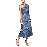 S.L. Fashions Women's Cross Neckline Midi Cocktail Tiered Skirt, Special Occasion Dress