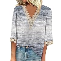 Summer Tops for Women Lace Loose Fit Tees V Neck 3/4 Sleeve T-Shirts Spring Fashion Casual Tunic Clothes 2024