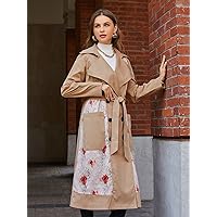 Floral Print Double Breasted Pocket Patched Belted Trench Coat (Color : Apricot, Size : X-Small)