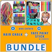 8 Dustless Hair Chalk Temporary Hair Dye Color + 8 Face Painting Kit with Reusable Sticker Stencils Twistable Large Pen