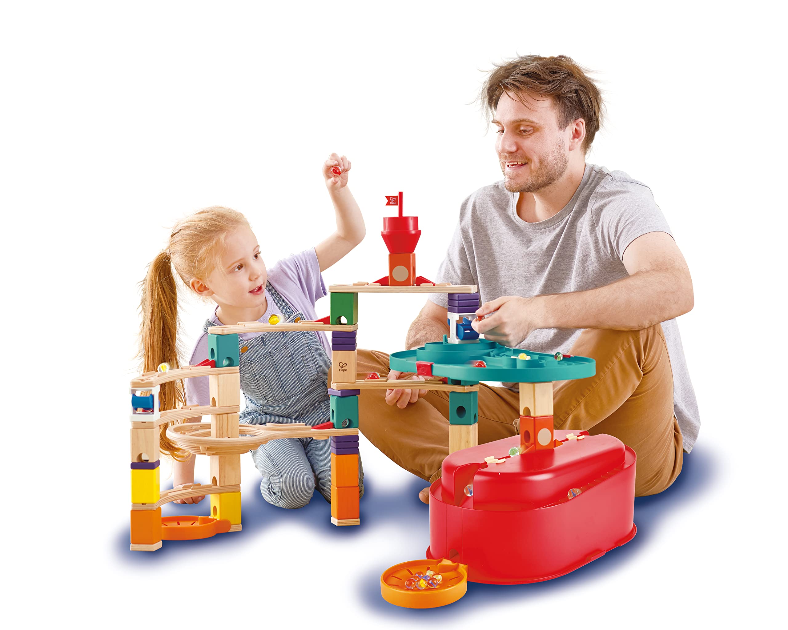 Hape 90 Piece Quadrilla Stack Track Bucket Box Marble Race Building Set for Children Ages 4 and Up with 25 Marbles for STEAM Learning