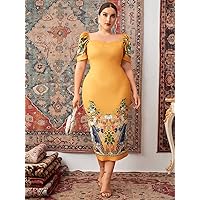 Plus Floral Print Puff Sleeve Square Neck Split Back Bodycon Dress (Color : Mustard Yellow, Size : 4X-Large)