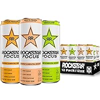 Rockstar Focus Energy Drink, 3 Flavor Variety Pack (White Peach, Lemon Lime, Orange Pineapple), Lion's Mane, Zero Sugar, Zero Calories, 12 Fl Oz Cans (Pack of 12), 200mg Caffeine, Energy & Mental Boost