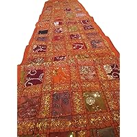 Patchwork Embroidered Table Runner - Indian Sequin Cotton Boho Bohemian Hippie Patchwork Runner Tapestry Wall Hanging - Indian Decoration Tapestry Wedding Decor 16 X 72 Inches (Orange)