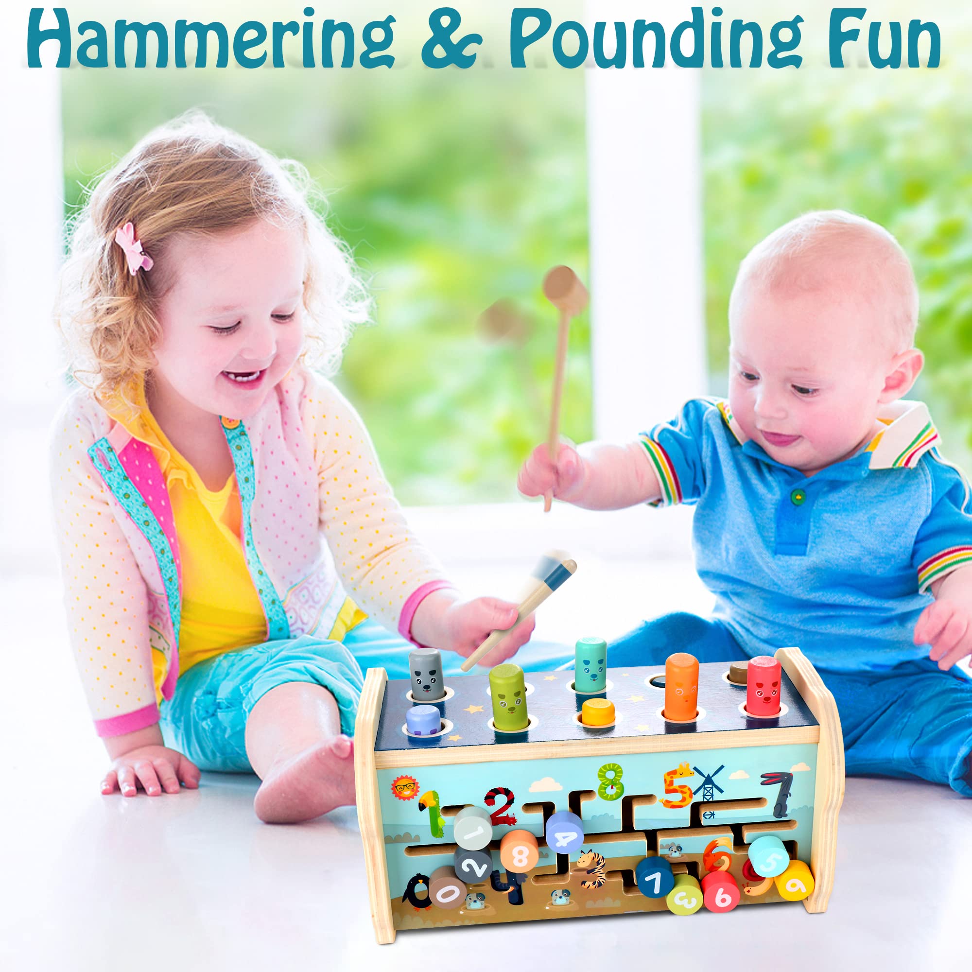KIDWILL Wooden Hammering Pounding Toy for 12+ Months Kids, Montessori Toys for 1+ Year Old Babies, Early Development Toy with Pounding Bench, Xylophone, Number Sorting Maze, Gifts for Toddlers Age 1-2