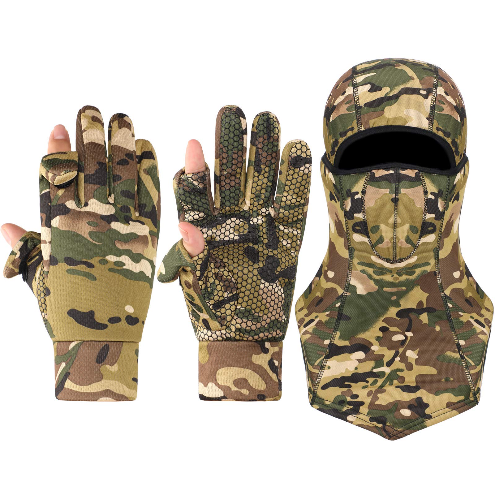 Camo Hunting Gloves for Men Full Face Cover Hunting Mitten Balaclava Anti Slip Full Finger Fingerless Mitten Wind Resistant