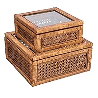 Creative Co-Op Modern Decorative Square Woven Rattan and Wood Display Boxes with Glass Top, Set of 2 Sizes, Dark Brown Finish