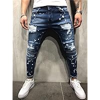 Men's Skinny Jeans Ripped Ripped Jeans Graffiti Wavy Dot Print Skinny Pants Casual Fashion Trousers Men's Pants,Blue,38