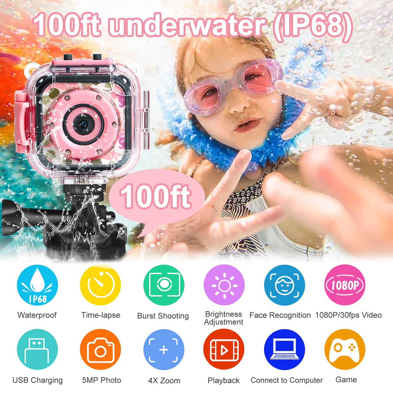 PROGRACE Kids Camera Waterproof Gift Toy - Children Digital Video Camera Underwater Camera for Kids 1080P Camcorder DV Toddler Camera for Girls Birthday Learn Camera Pool Toys Age 3-14