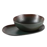 Palermo Sun 2 Piece Serving Bowl and Oval Platter Stoneware Reactive Glaze Serveware Set - Agave Blue