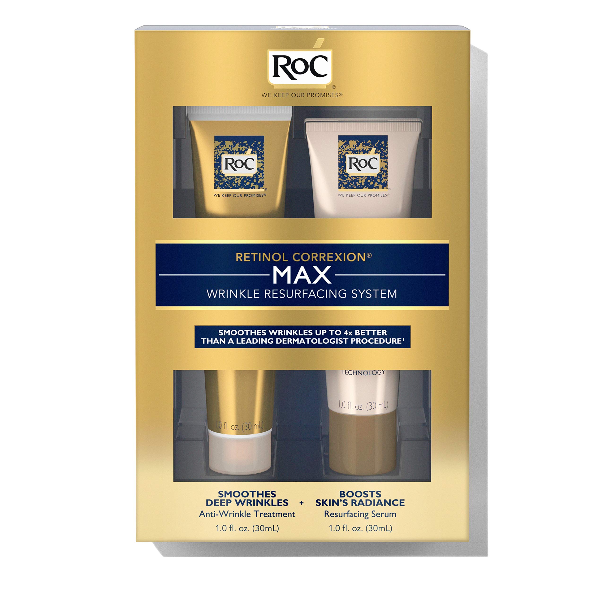 RoC Retinol Correxion Max Wrinkle Anti-Aging Skin Care System, Hyaluronic Acid Anti Wrinkle Treatment and Skin Radiance Resurfacing Serum for Fine Lines, Dark Spots, Acne Scars, Set of 2