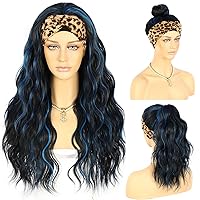 SAPPHIREWIGS Loose Body Wave Wig with Headband Attached Black Mix Blue Highlight Color Glueless Synthetic Headband Wig for Black Women 26 inches