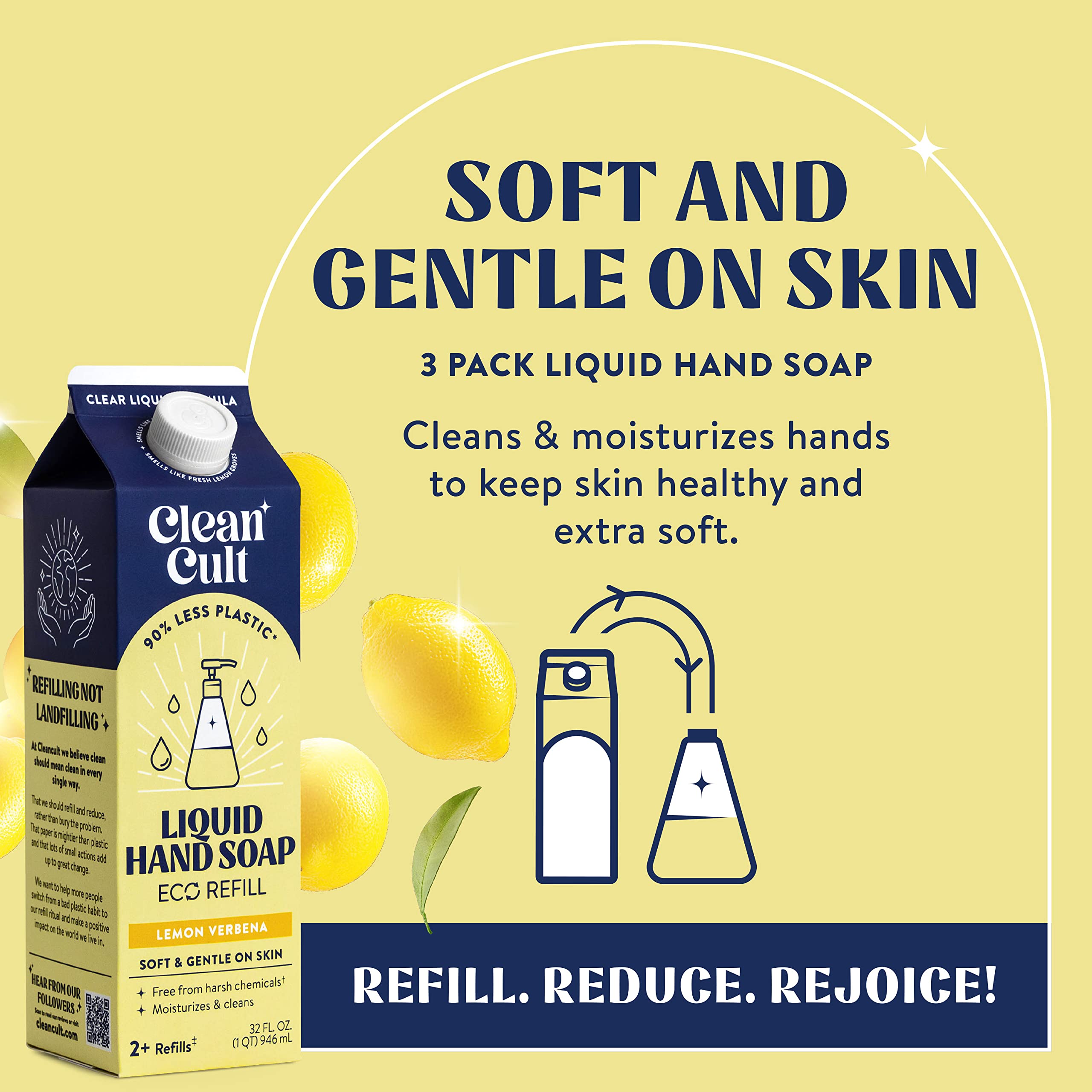Cleancult - Liquid Hand Soap Refills - Lemon Verbena - Made with Aloe Vera & Essential Oil - Nourishes & Moisturizes Dry & Sensitive Skin - Eco Friendly - Paper-Based Packaging - 32 oz/6 Pack