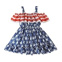 4th of July Toddler Baby Girls Dresses Star Stripes Ruffle Strap Off Shoulder Dresses Patriotic Independence Day Outfit