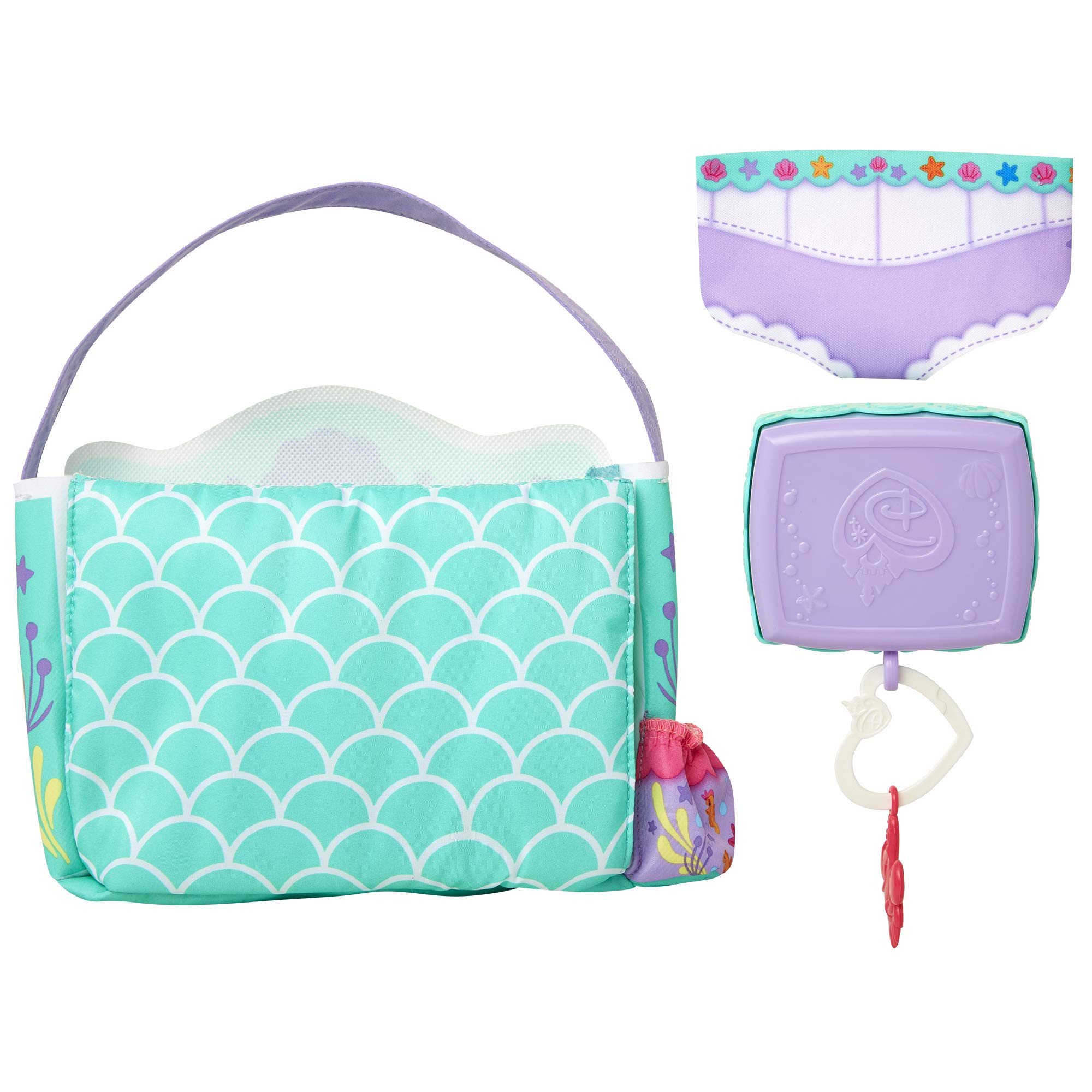 My Disney Nursery Baby Doll Accessories, Ariel Transforming 2-in-1 Diaper Bag & Changing Pad for Dolls Inspired by Disney The Little Mermaid! Pretend Wipes Toy Container, Diaper Clip with Charm