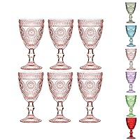 Pink Vintage Wine Glasses Set of 6, 10 Ounces Colored Glass Water Goblets, Unique Floral Embossed Pattern High Clear Stemmed Glassware Wedding Party Bar Drinking Cups Fancy Glasses Hand Wash Only