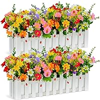 XONOR Artificial Flower Plants - Mixed Color Faux Daisies in Picket Fence Pot for Indoor Office Wedding Home Windowsill Spring Decoration, 2 Sets