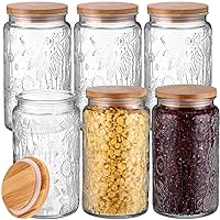 6 Pack 34 Fl oz Vintage Glass Storage Jars with Wooden Lids Airtight Cute Cookie Jars Food Storage Containers for Decorative Desk Kitchen Office Pantry Candy Coffee Tea Bean Flour Oats