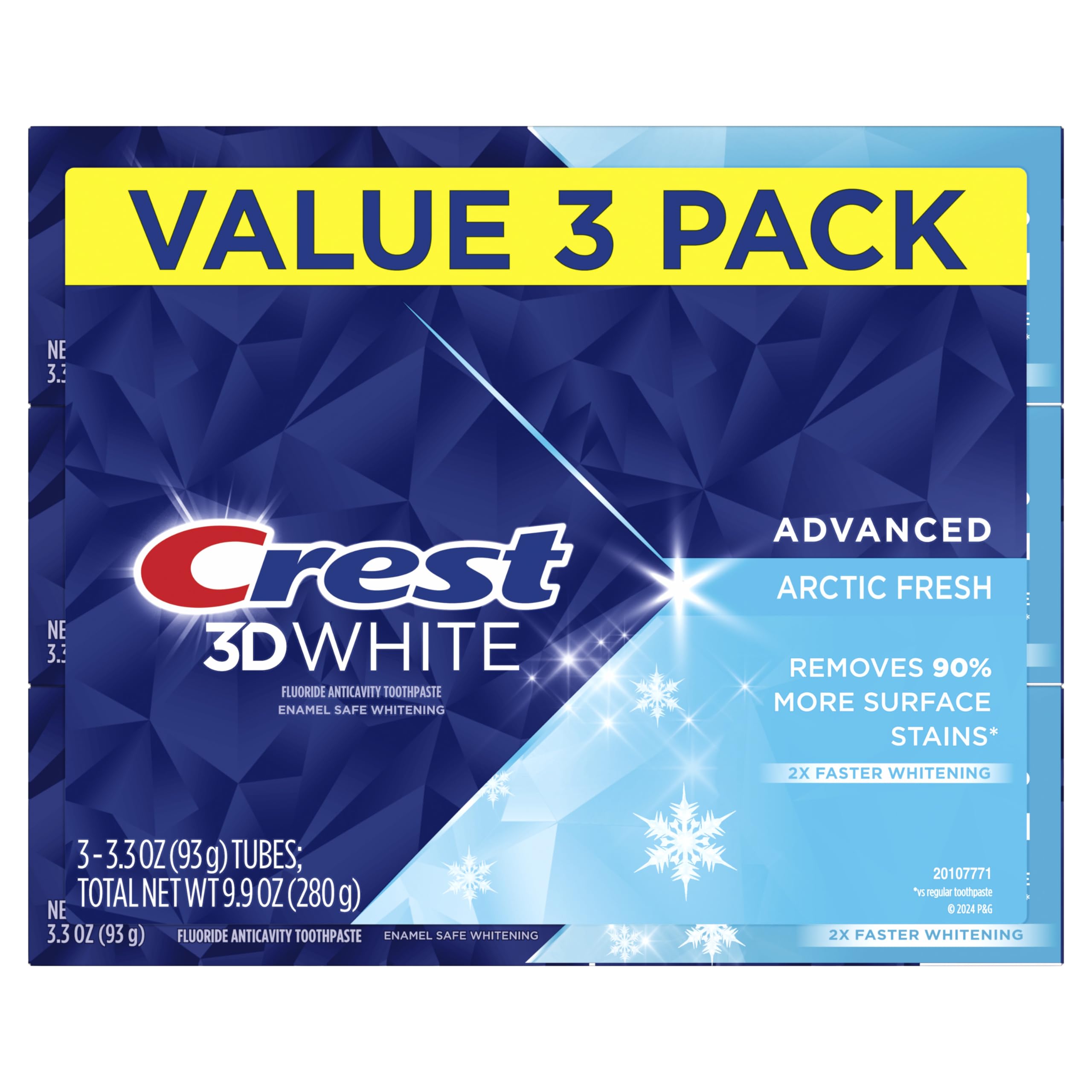 Crest 3D White Advanced Teeth Whitening Toothpaste, Arctic Fresh, 3.3 oz, Pack of 3