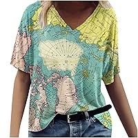 Workout Tops for Women, Womens World Map V-Neck Short Sleeve T-Shirt Vintage Pattern Print Oversized Loose Casual Top