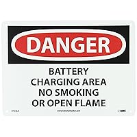 D133AB DANGER - BATTERY CHARGING AREA NO SMOKING OR OPEN FLAMES Sign - 14 in. x 10 in., Red/Black Text on White, Aluminum Danger Sign